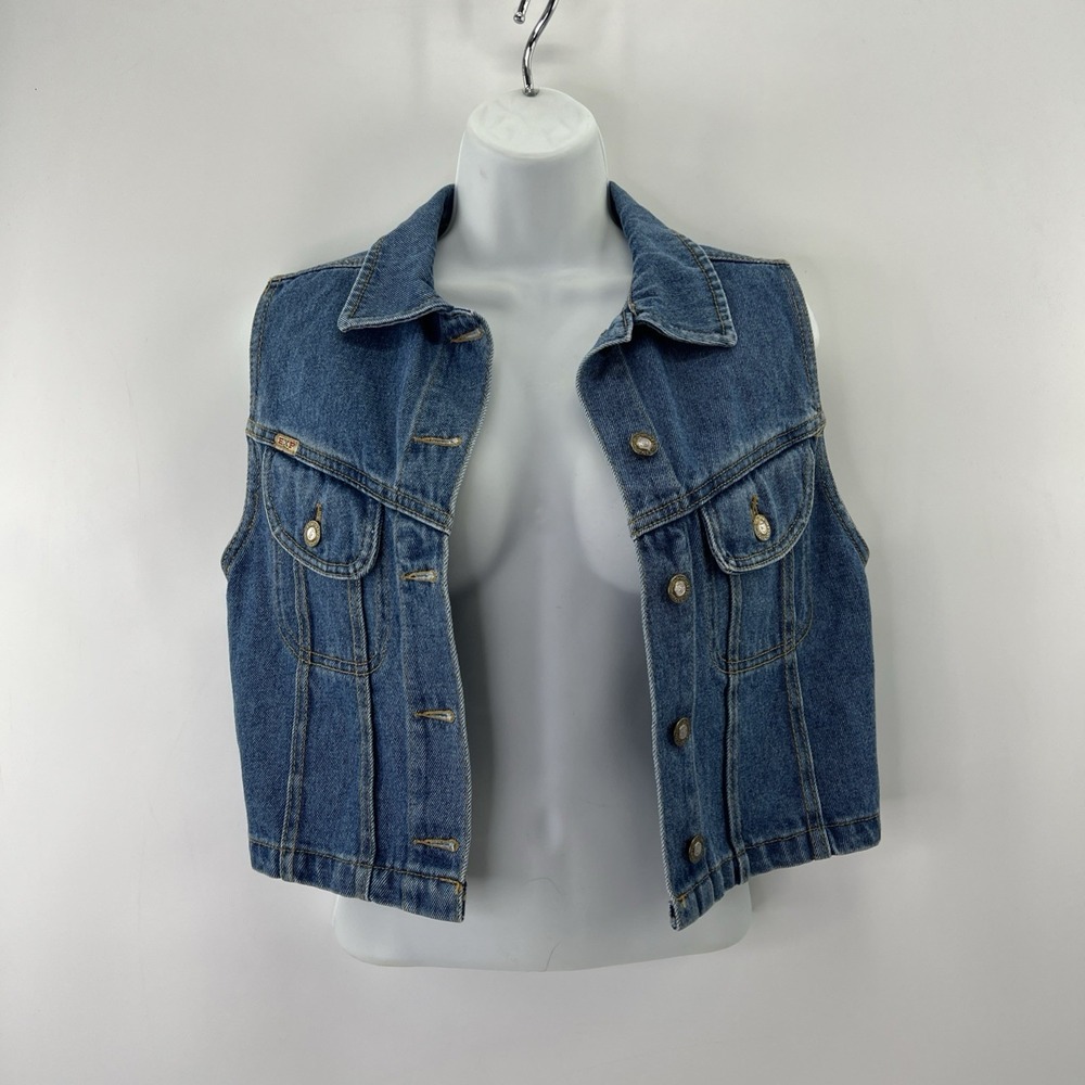 Vintage 90s Express Denim Vest Women Small Blue Jean Cropped Layer Straps - Picture 3 of 11